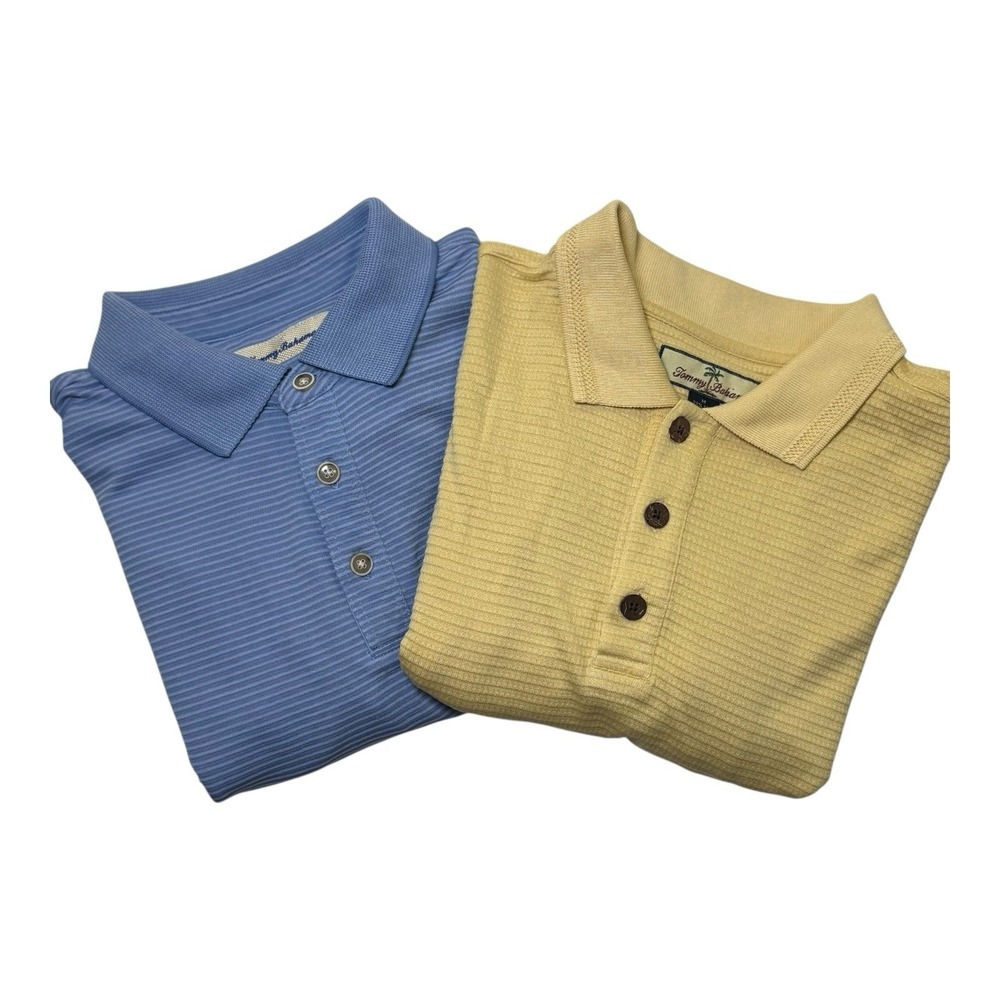 Lot of 2 Tommy Bahama Polo Shirt Men M Blue Yellow Striped Silk Modal Blend Golf